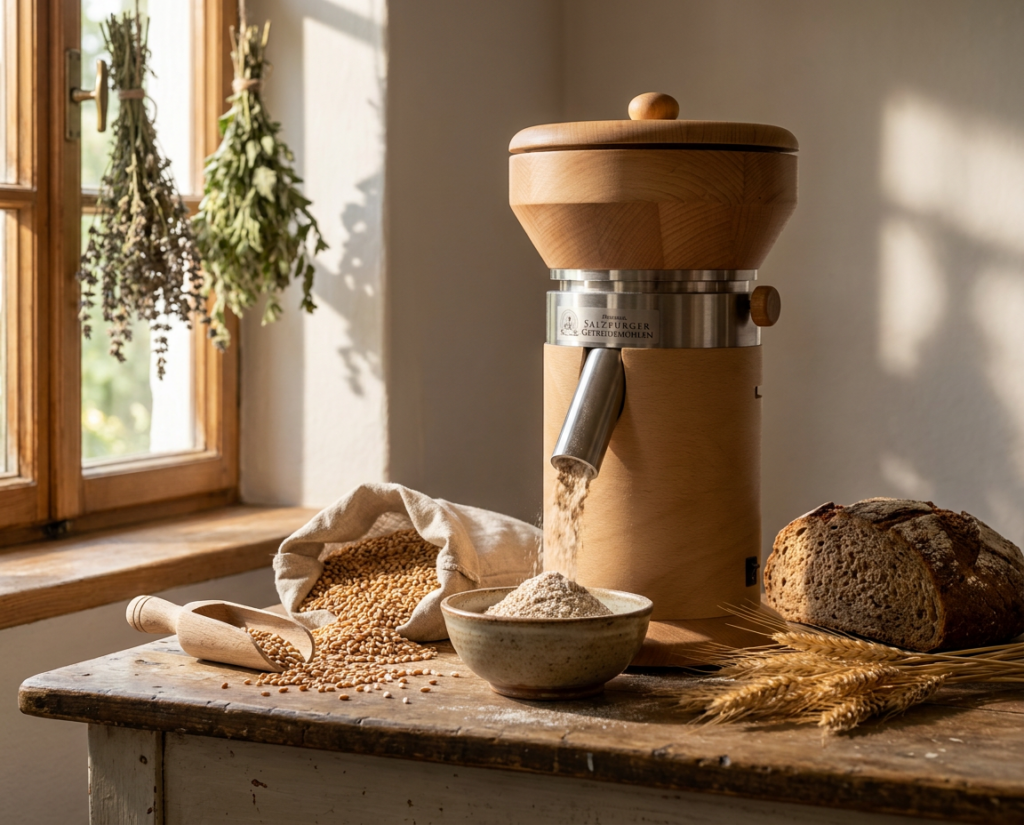 Getreide zu Hause mahlen, frisches Mehl selber machen, Vollkornmehl frisch mahlen, Getreidemühle mit Granitstein, Stein gemahlenes Mehl, Home Milling deutsch, Vollkorn backen, Getreide richtig lagern, Getreidemühle für den Haushalt, Salzburger Getreidemühle, Mehl aus ganzen Körnern, nachhaltige Vollkornernährung