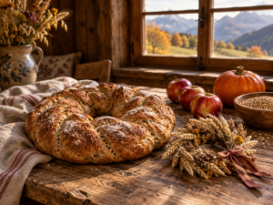 Geflochtenes Erntedankbrot aus frisch gemahlenem Dinkel und Roggen auf einem Holztisch in der Bauernstube, daneben Getreideähren, Äpfel und ein Kürbis