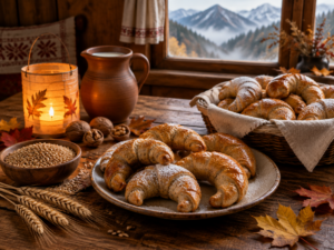 Frisch gebackene Martinikipferl aus Dinkel-Germteig auf einem Holztisch in einer Salzburger Bauernstube, daneben eine leuchtende Laterne, Dinkelkörner, Ähren und Nüsse, im Fenster herbstliche Berge