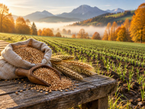 Frisch gesätes Wintergetreide auf einem Feld im Salzburger Land im Herbst, im Vordergrund ein Leinensack und eine Holzschaufel mit Weizen-, Roggen- und Dinkelkörnern und Ähren, im Hintergrund Herbstwald, Morgennebel und Berge